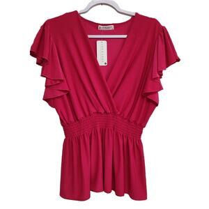 Jon & Anna Fuchsia Smocked Waist Flutter Sleeve Wrap Top - XL